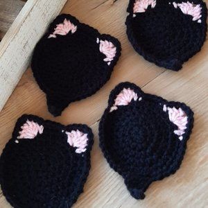 black cat with pink ears handmade crochet coasters set of 4 gift kitchen decor